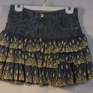 Denim Tiered Mini Skirt with Lace Embroidery
